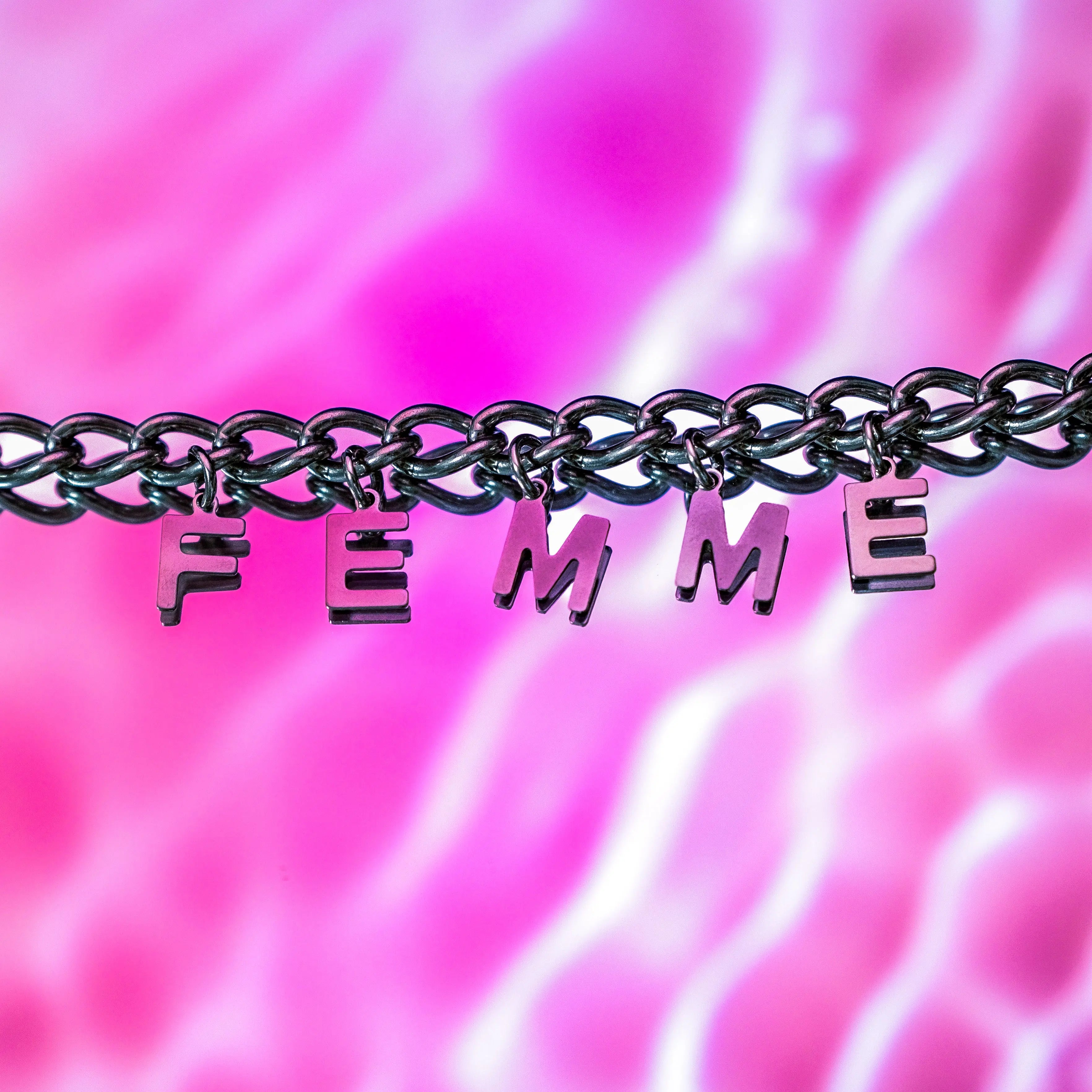 FEMME letter charm chain in stainless steel Leftbians