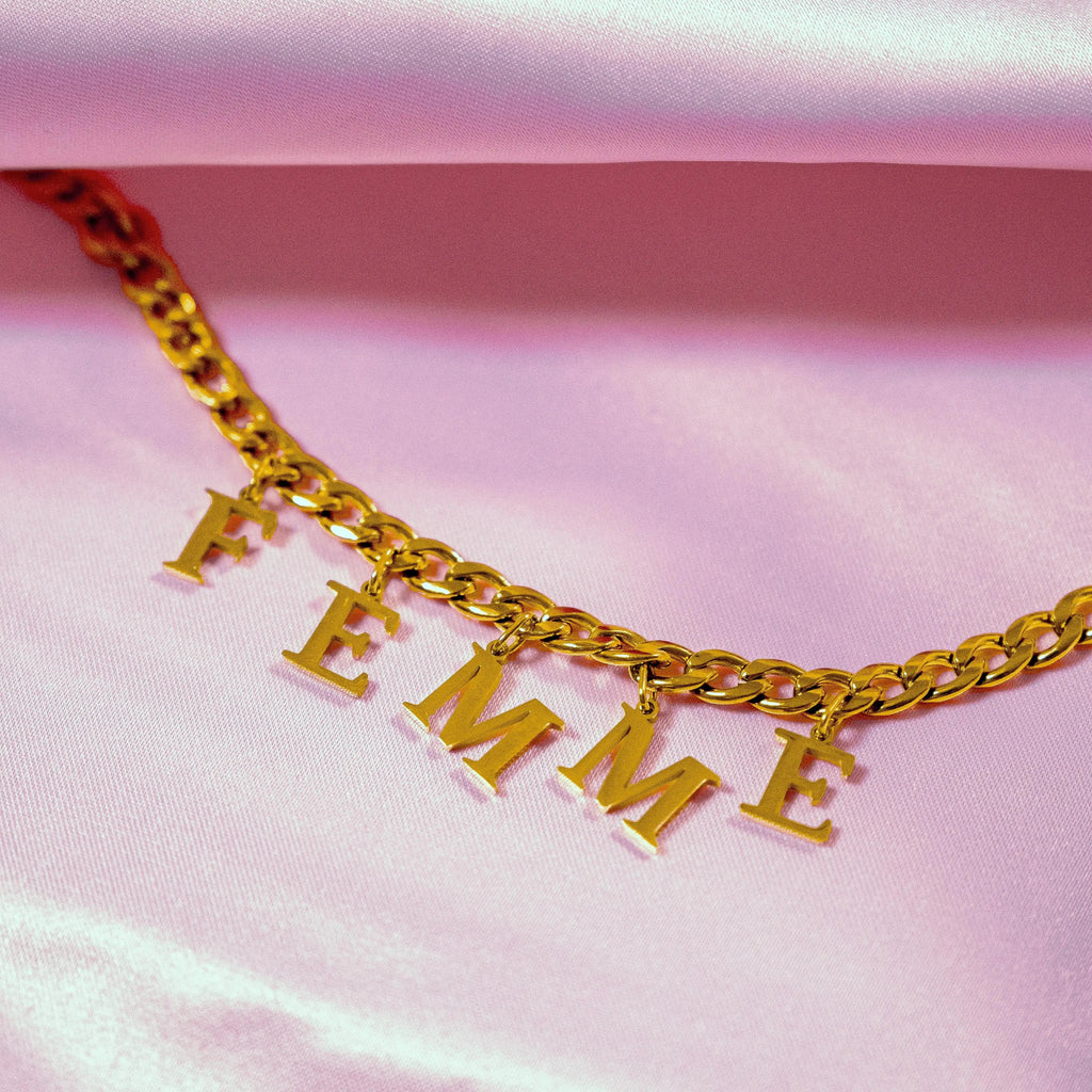 Gold FEMME letter charm chain in 304 stainless steel Leftbians