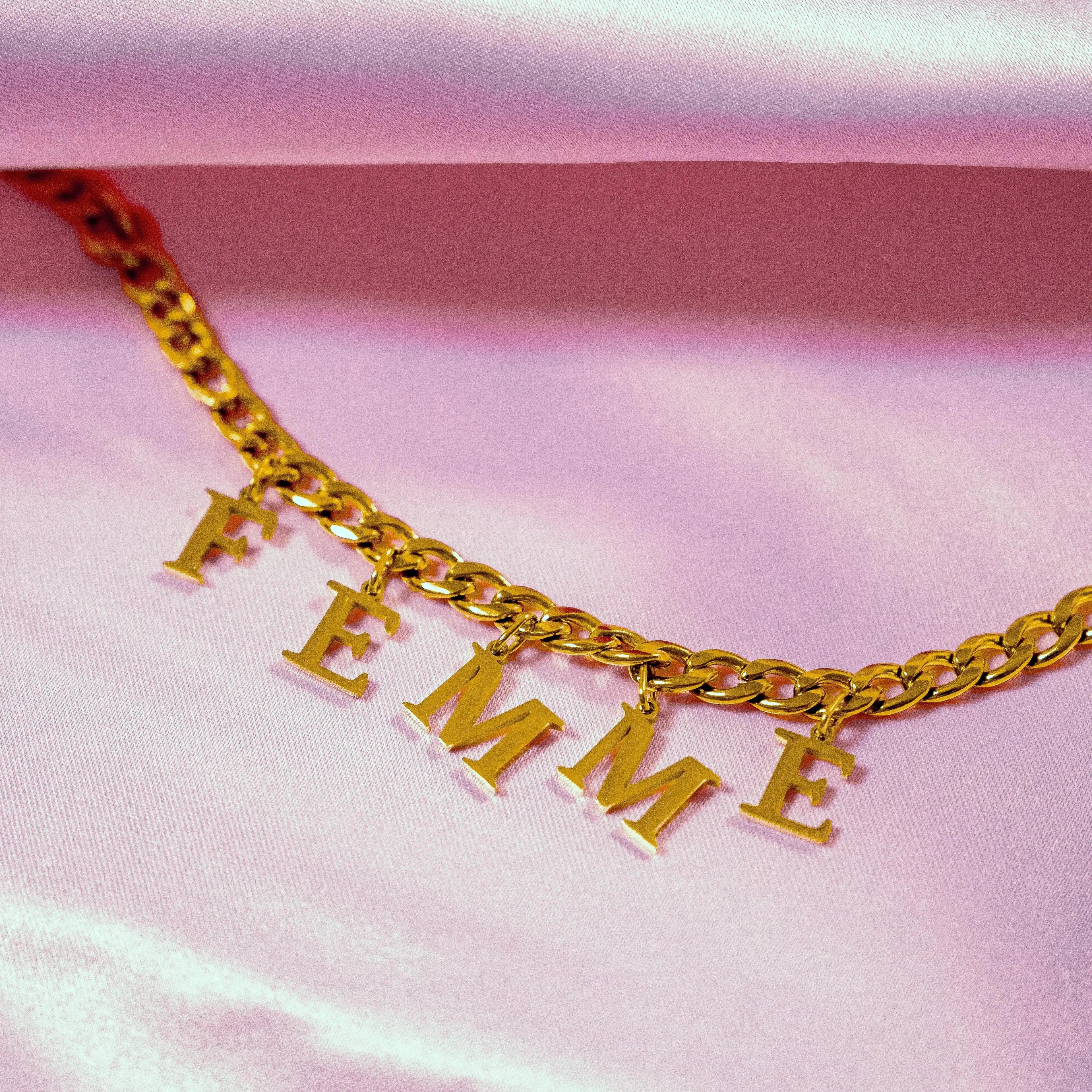 Gold FEMME letter charm chain in 304 stainless steel Leftbians