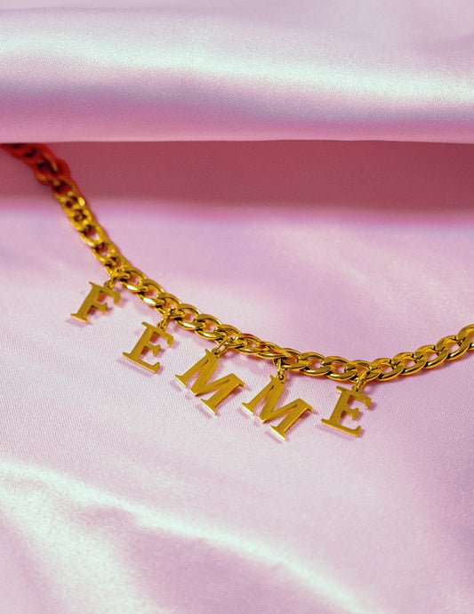 Gold FEMME letter charm chain in 304 stainless steel Leftbians