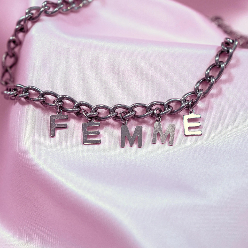 FEMME letter charm chain in stainless steel Leftbians