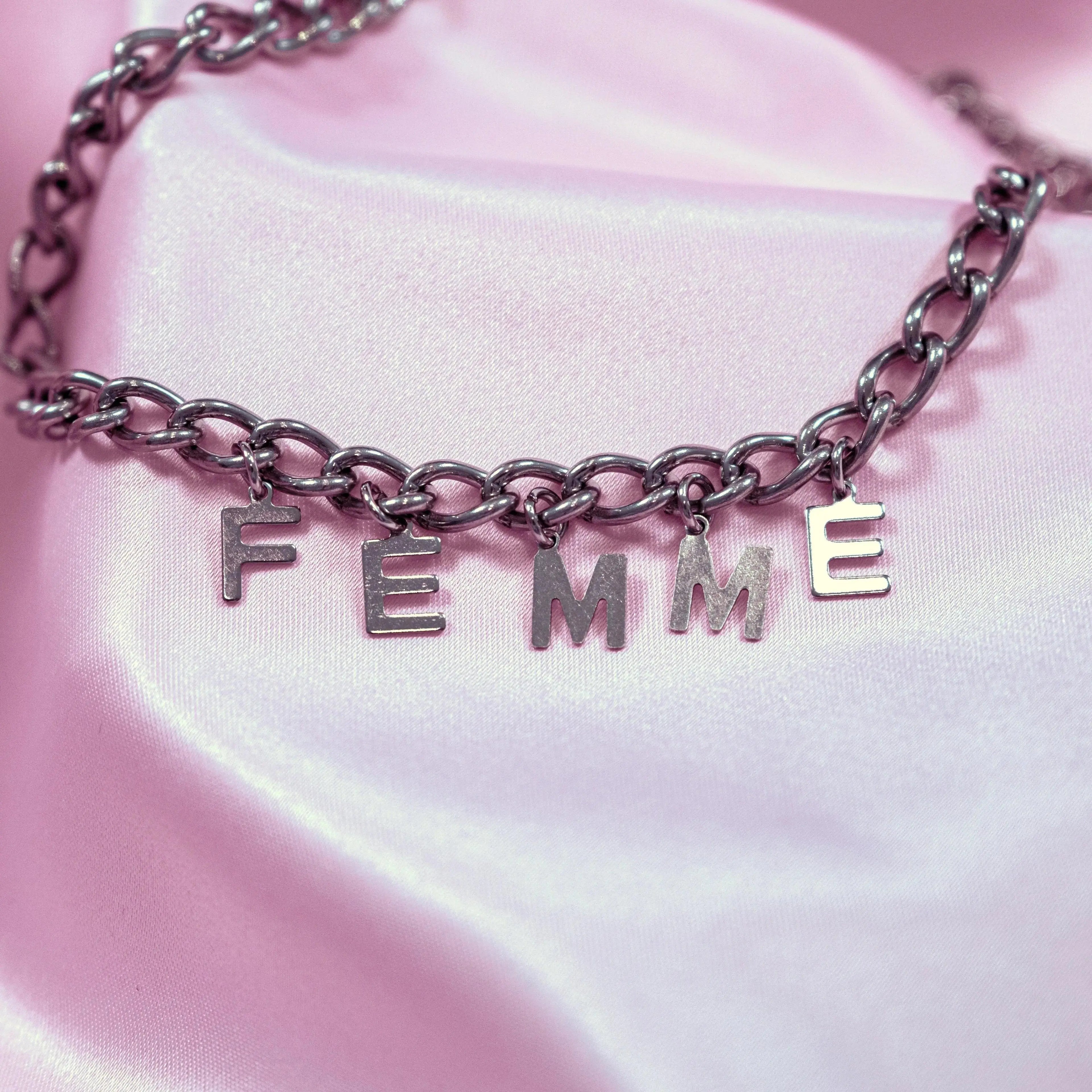 FEMME letter charm chain in stainless steel Leftbians