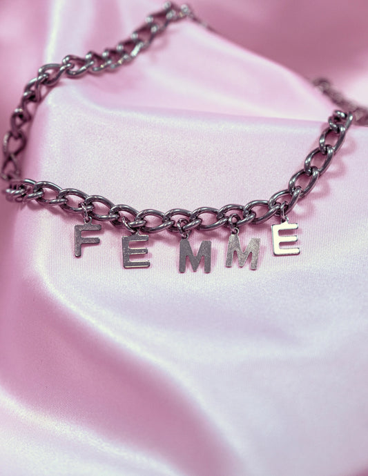 FEMME letter charm chain in stainless steel Leftbians