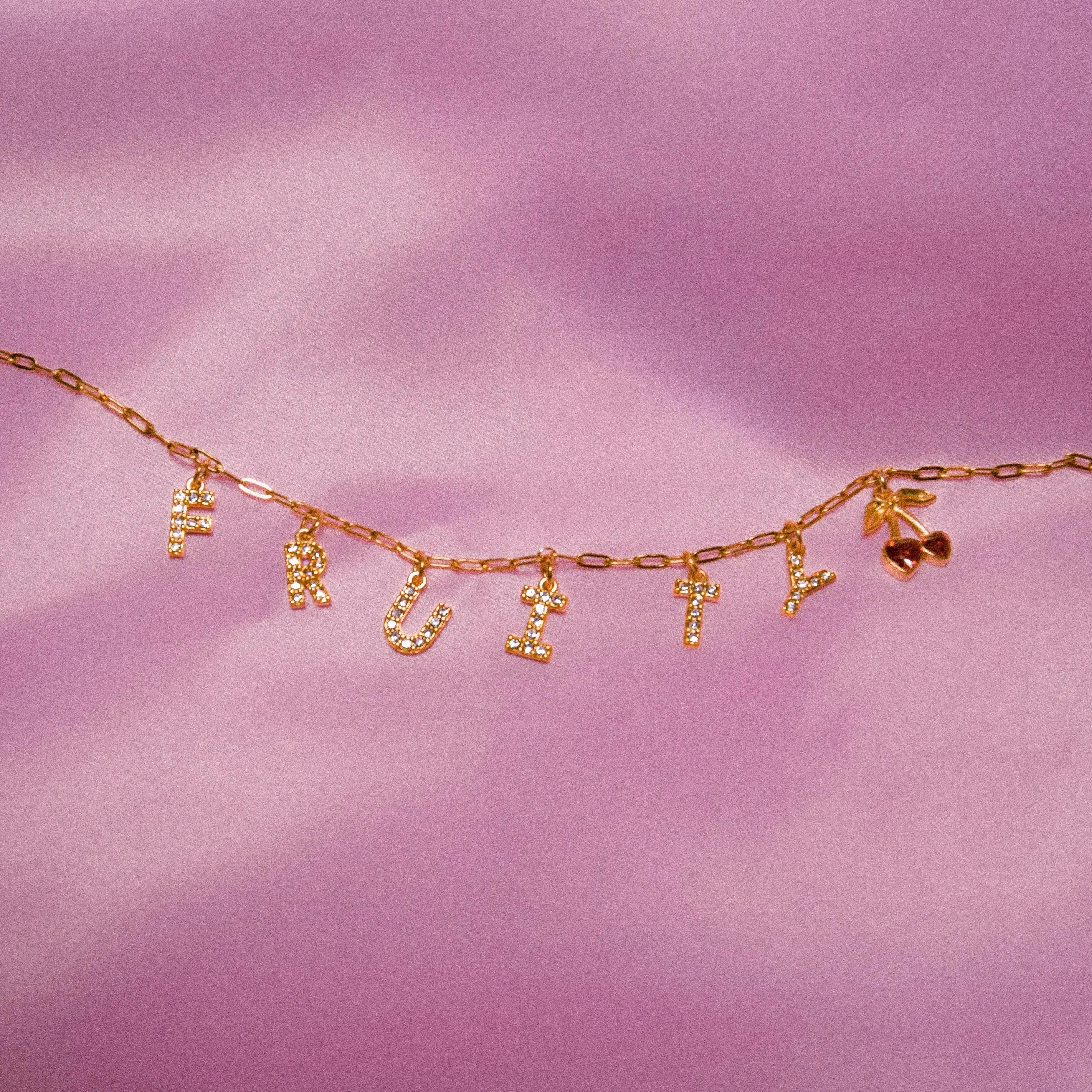 Gold Fruity sparkly word necklace in 304 stainless steel Leftbians
