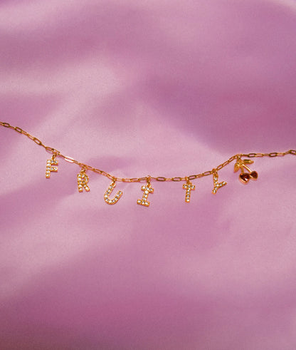 Gold Fruity sparkly word necklace in 304 stainless steel Leftbians