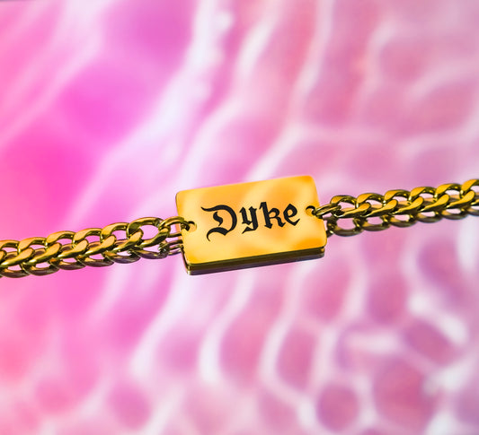 Dyke gothic text chain necklace in gold stainless steel