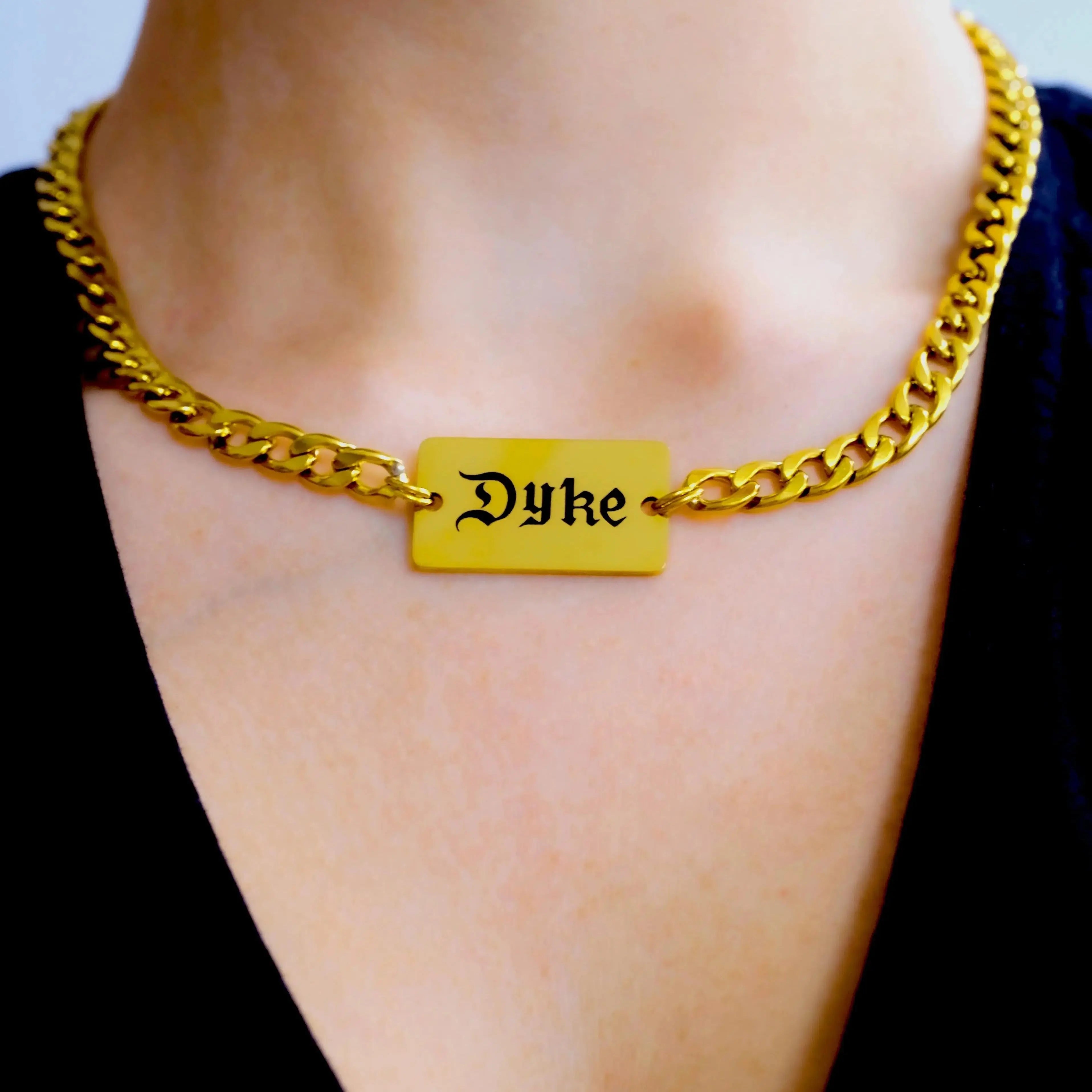 Dyke gothic text chain necklace in gold stainless steel Leftbians