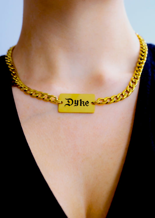 Dyke gothic text chain necklace in gold stainless steel
