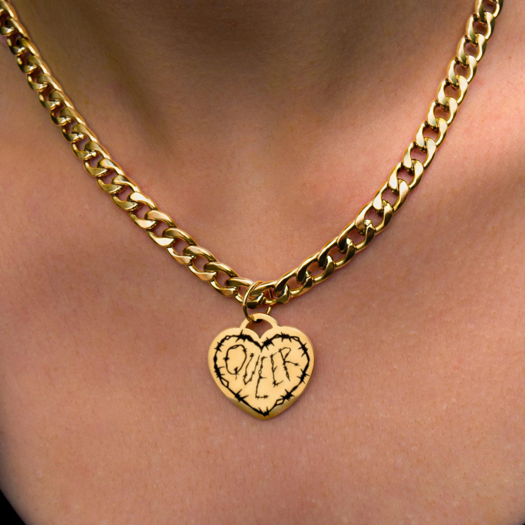 Queer barbed wire heart chain gold stainless steel necklace Leftbians