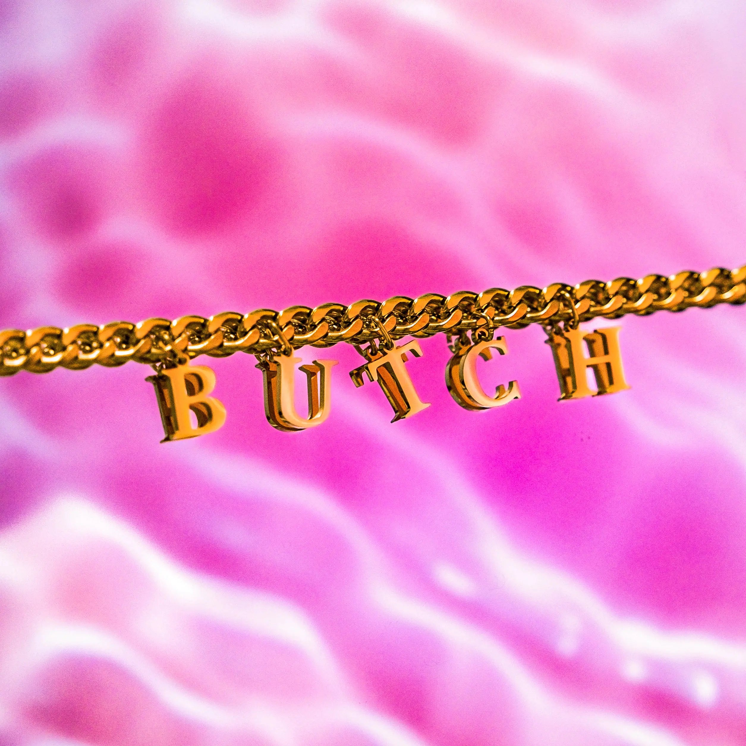 Gold BUTCH letter charm chain in 304 stainless steel Leftbians