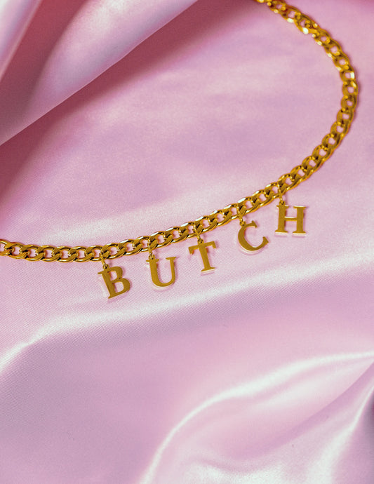 Gold BUTCH letter charm chain in 304 stainless steel Leftbians