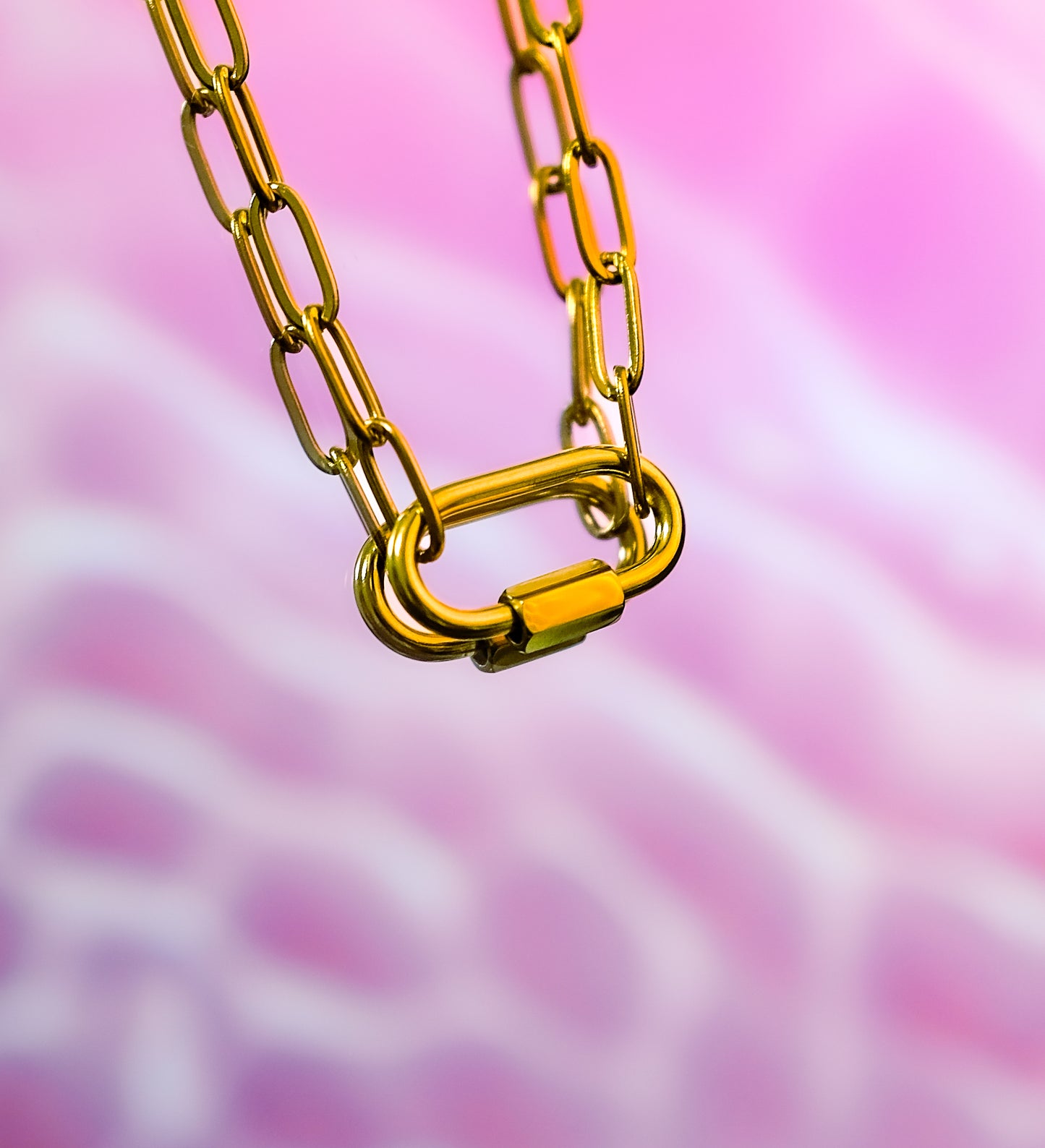 Gold carabiner with delicate paperclip chain necklace in 304 stainless steel