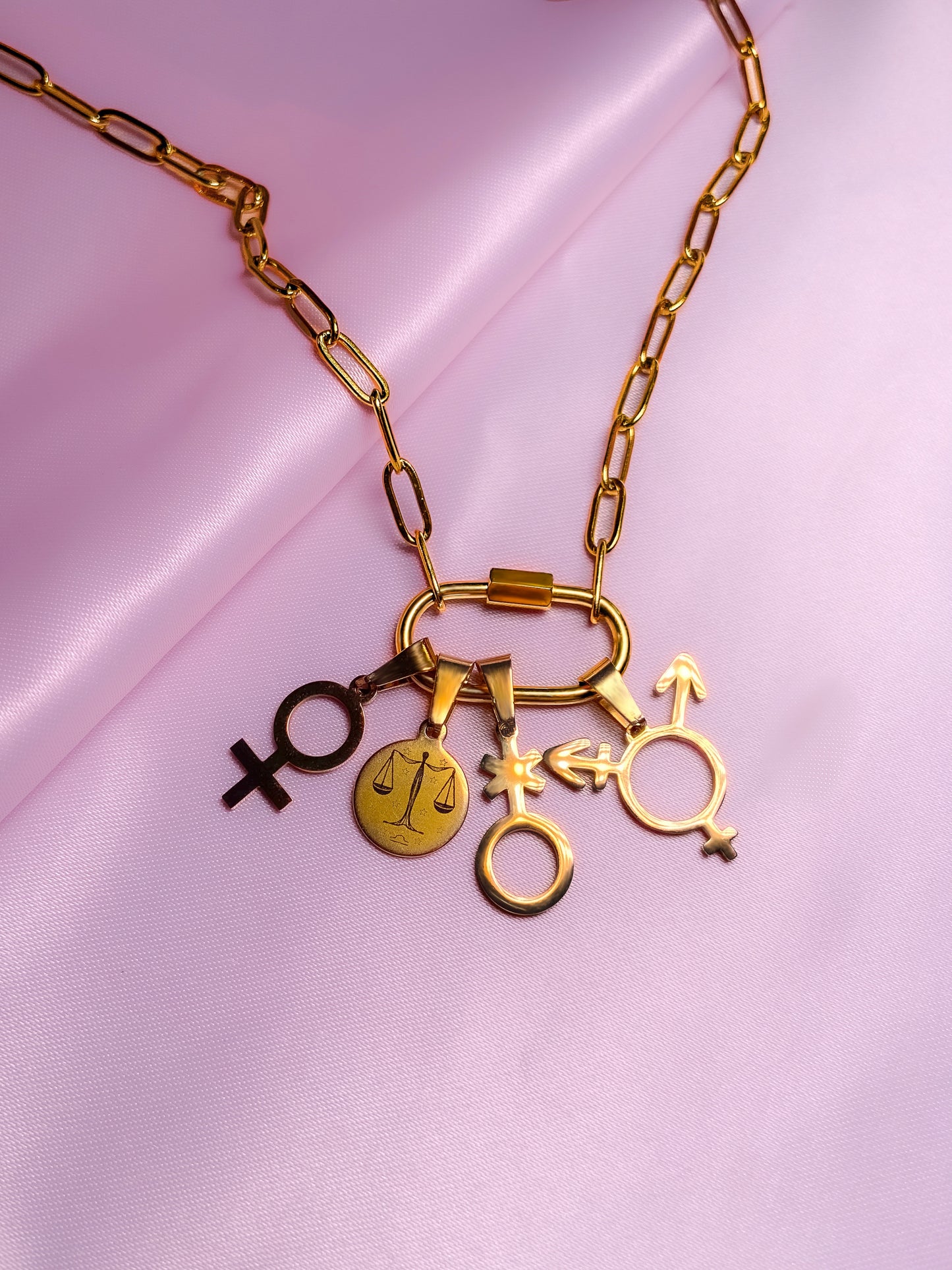 Gold carabiner charm necklace in 304 stainless steel