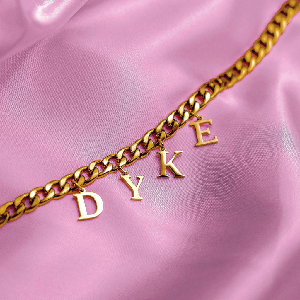 Gold DYKE letter charm chain in 304 stainless steel Leftbians