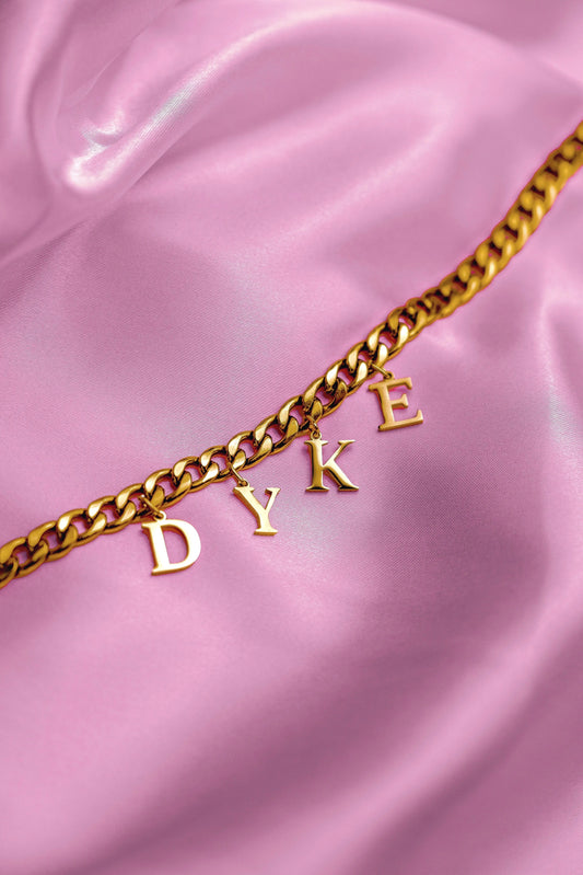 Gold DYKE letter charm chain in 304 stainless steel Leftbians