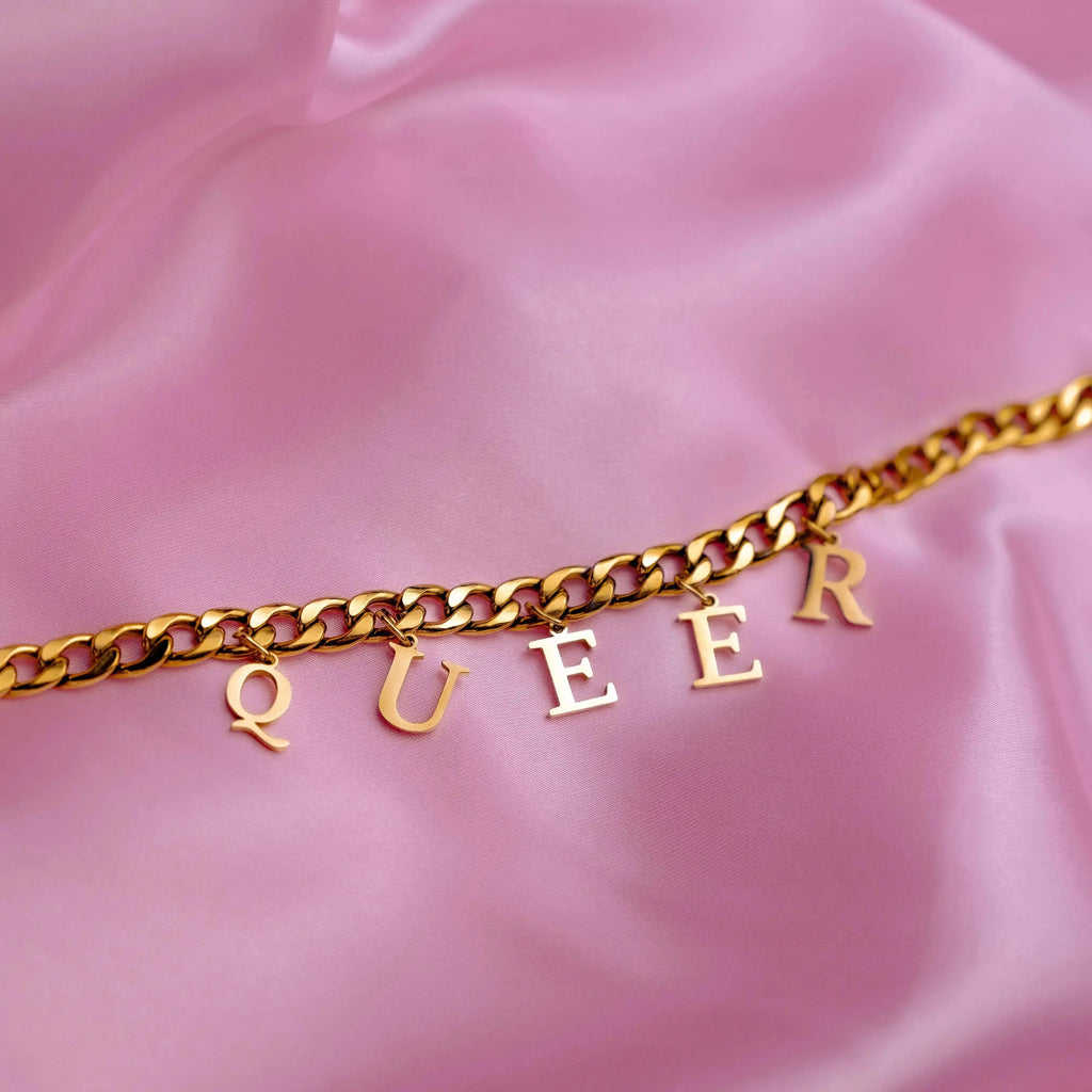 Gold QUEER letter charm chain in 304 stainless steel Leftbians