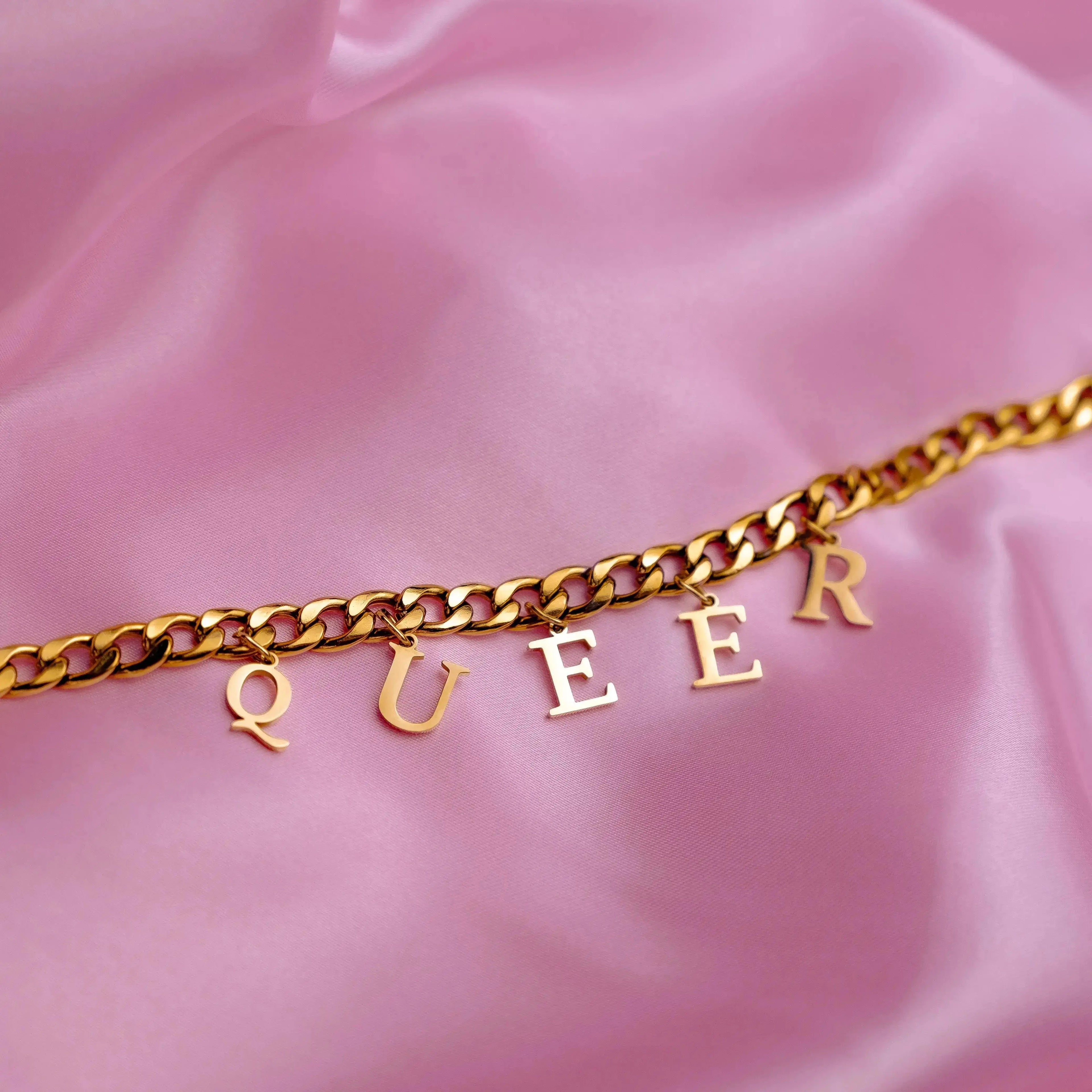 Gold QUEER letter charm chain in 304 stainless steel Leftbians