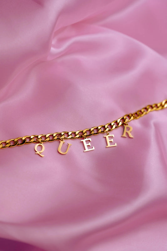 Gold QUEER letter charm chain in 304 stainless steel Leftbians