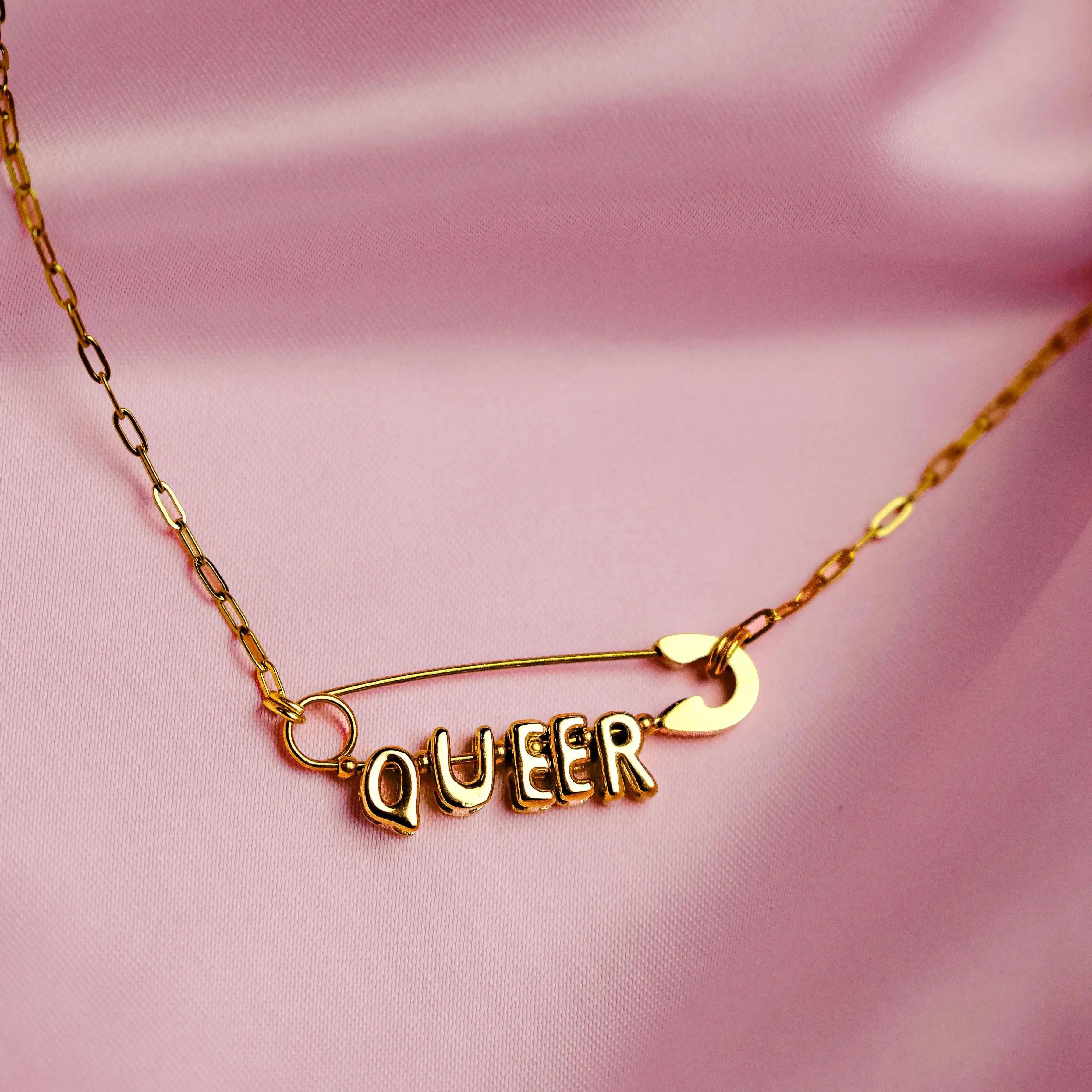 Queer safety pin necklace, gold plated stainless steel Leftbians