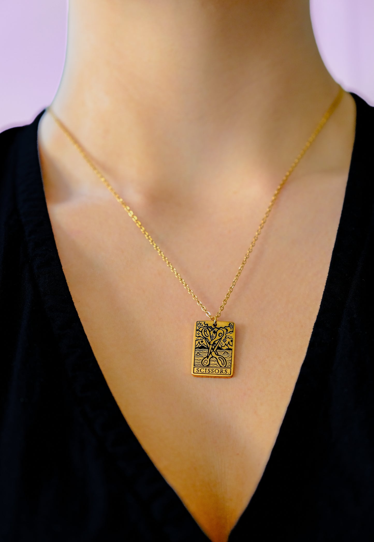 The Scissors Tarot Card Gold Stainless Steel Necklace