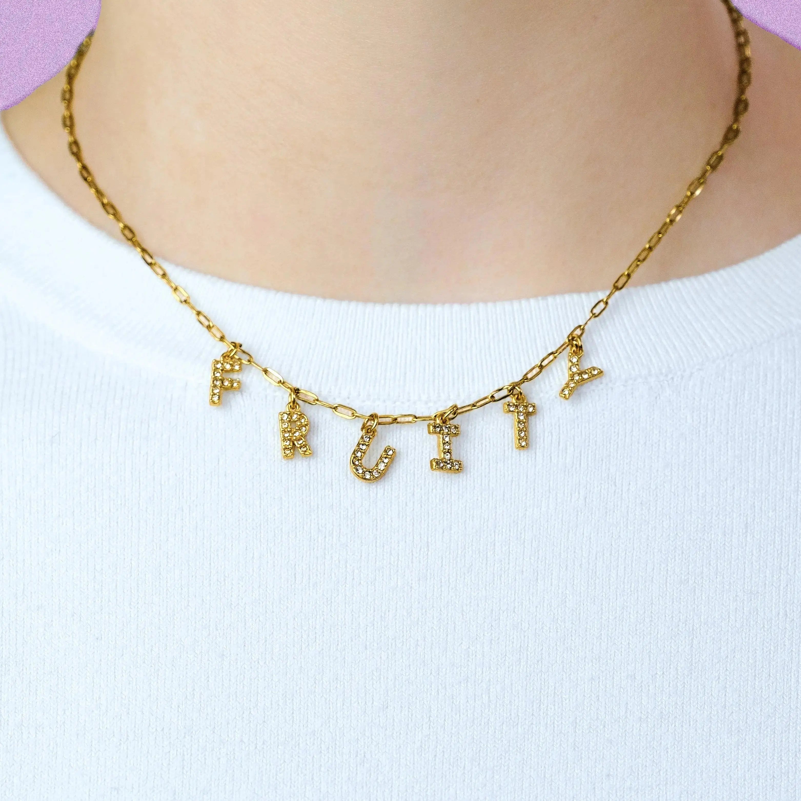 Gold Fruity sparkly word necklace in 304 stainless steel Leftbians