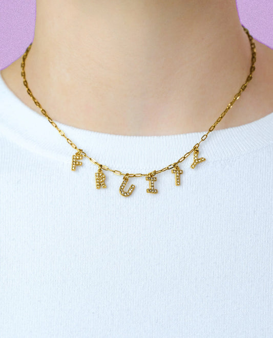 Gold Fruity sparkly word necklace in 304 stainless steel