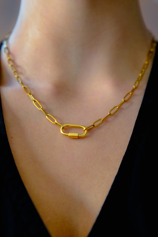 Gold carabiner with delicate paperclip chain necklace in 304 stainless steel