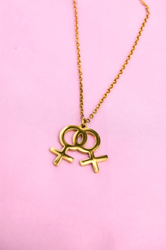 Gold double venus symbol necklace in 304 stainless steel
