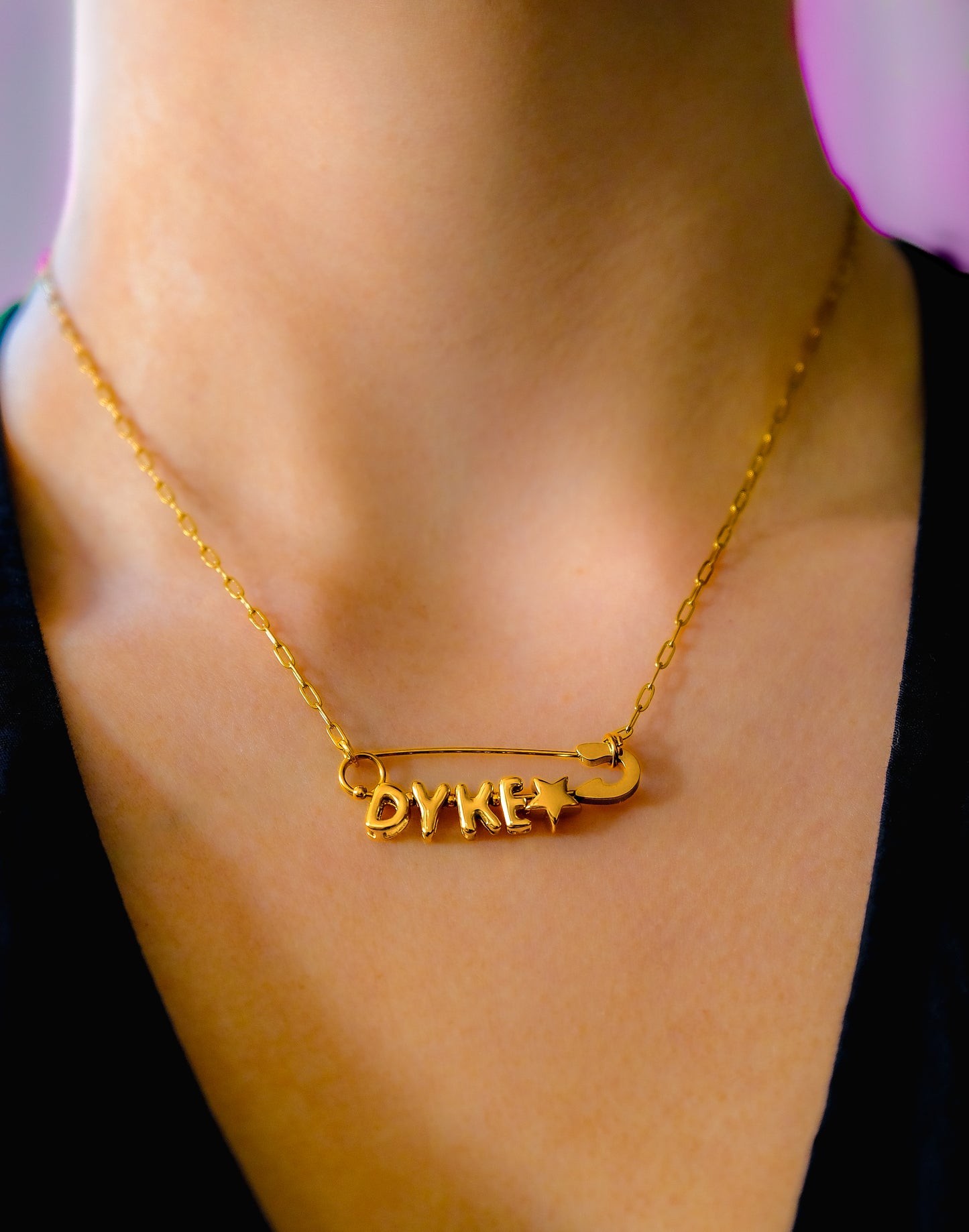 Dyke safety pin necklace, gold plated stainless steel