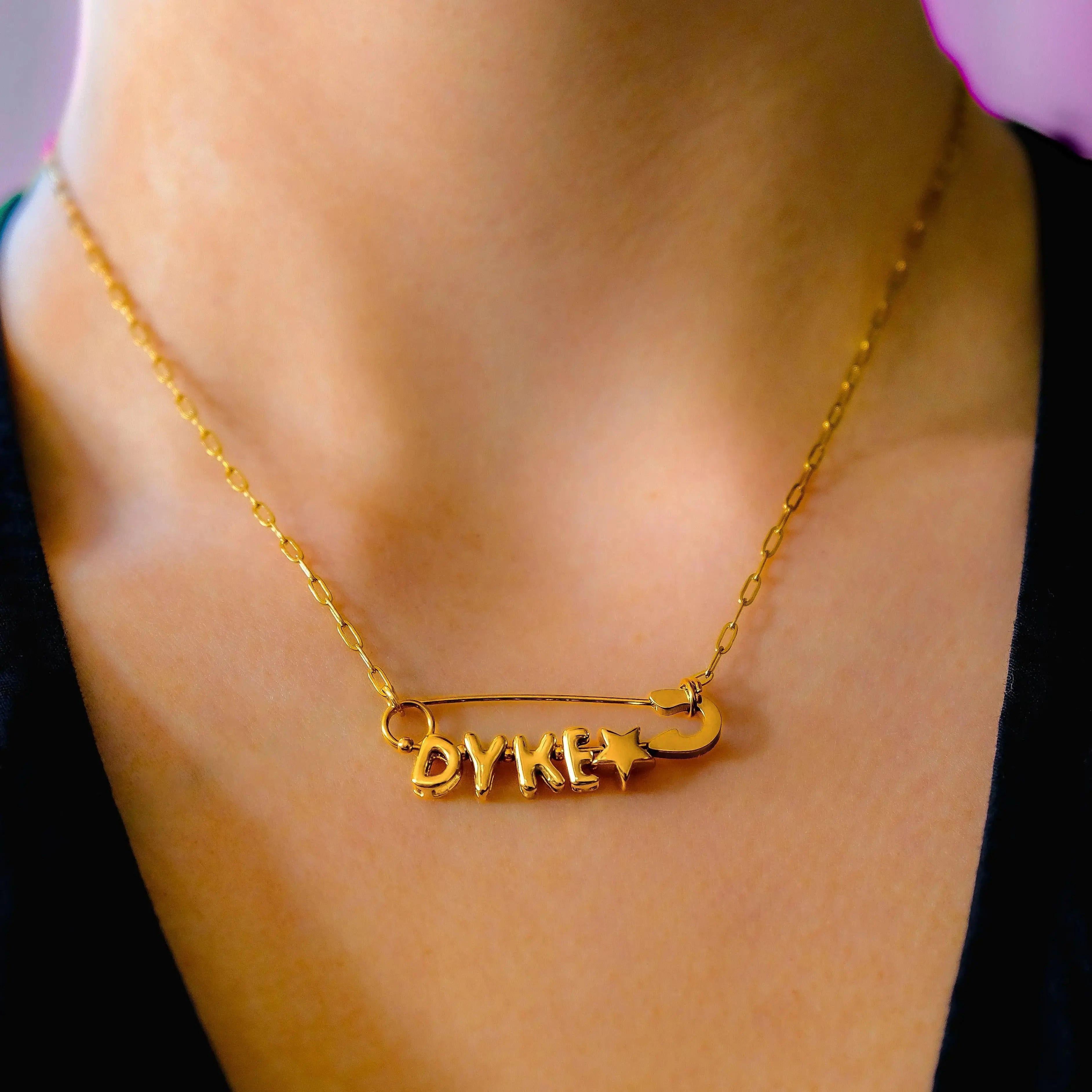 Dyke safety pin necklace, gold plated stainless steel Leftbians