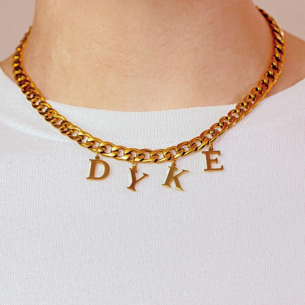 Gold DYKE letter charm chain in 304 stainless steel Leftbians