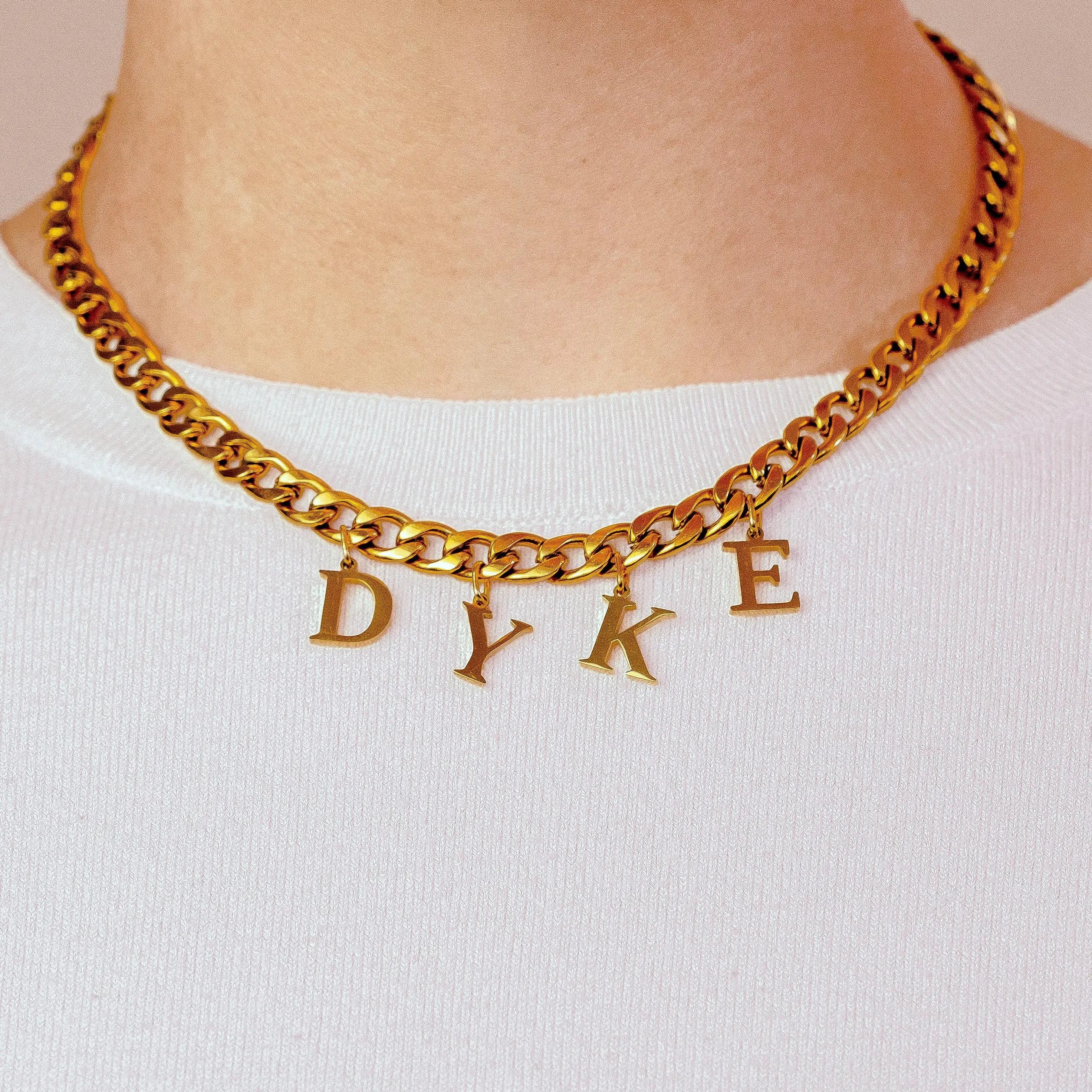 Gold DYKE letter charm chain in 304 stainless steel Leftbians