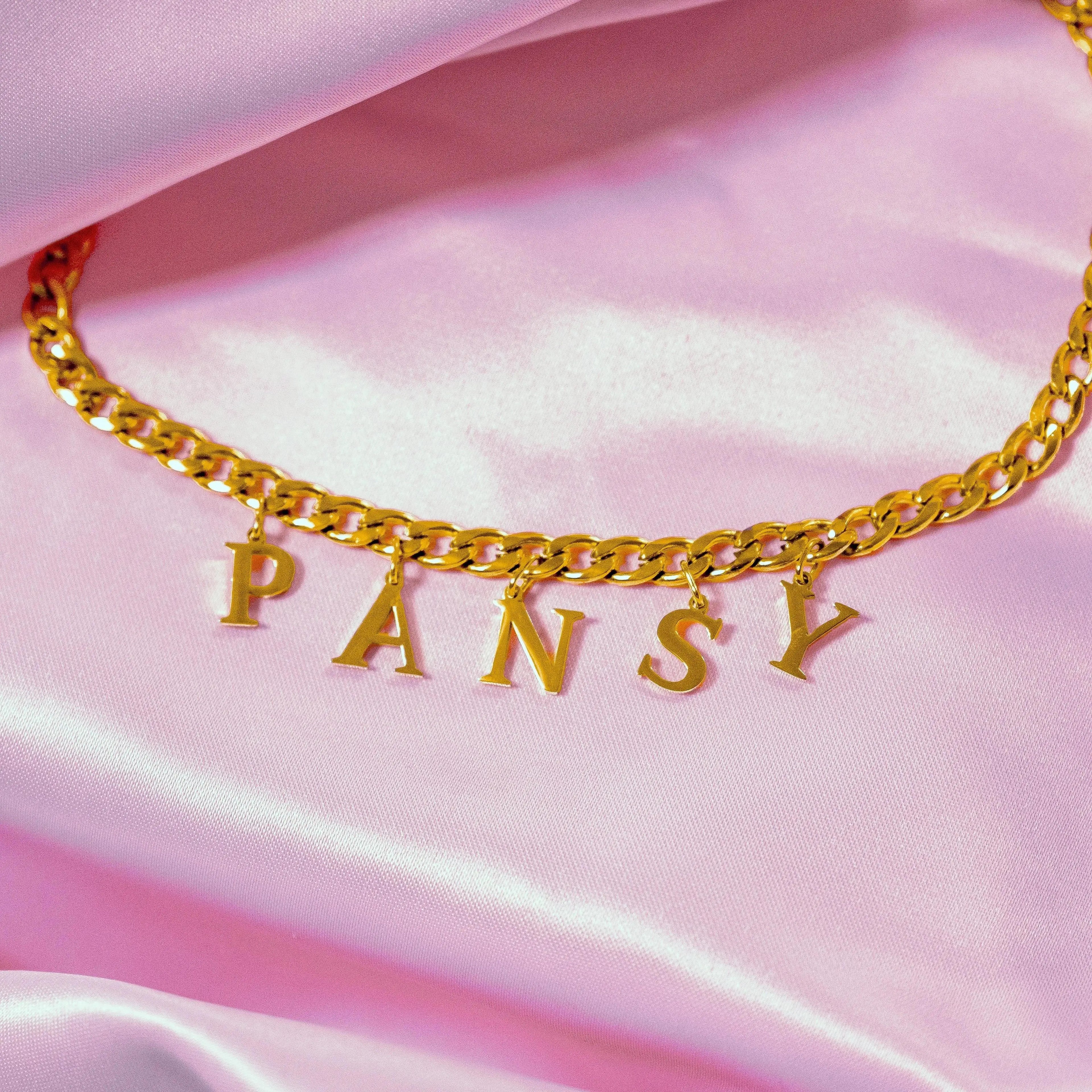 Gold PANSY letter charm chain in 304 stainless steel Leftbians