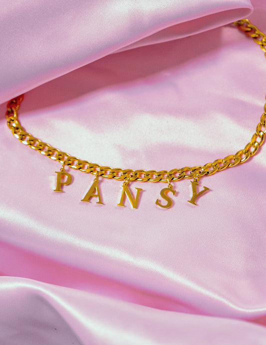 Gold PANSY letter charm chain in 304 stainless steel Leftbians