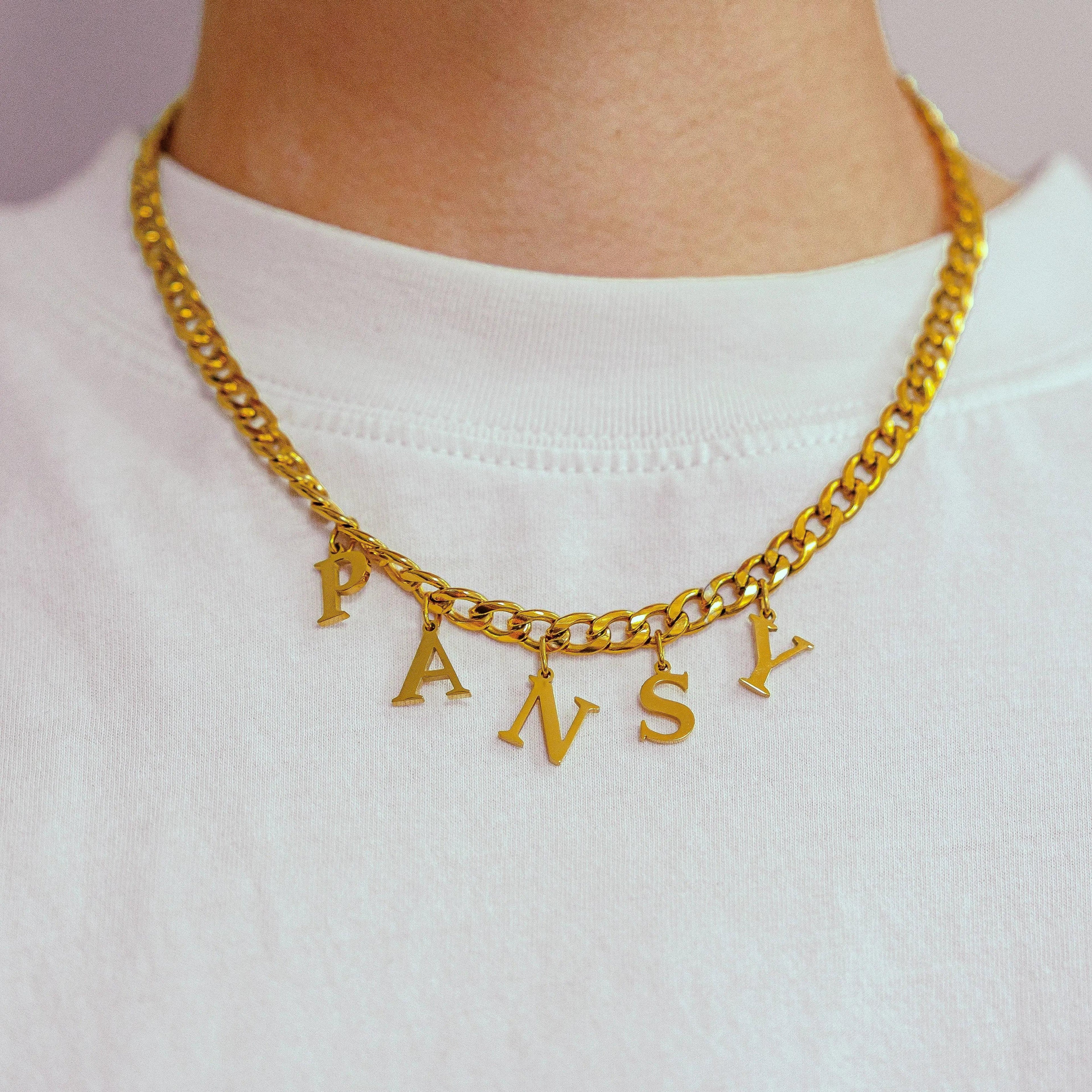Gold PANSY letter charm chain in 304 stainless steel Leftbians