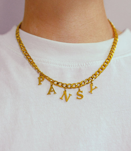 Gold PANSY letter charm chain in 304 stainless steel Leftbians
