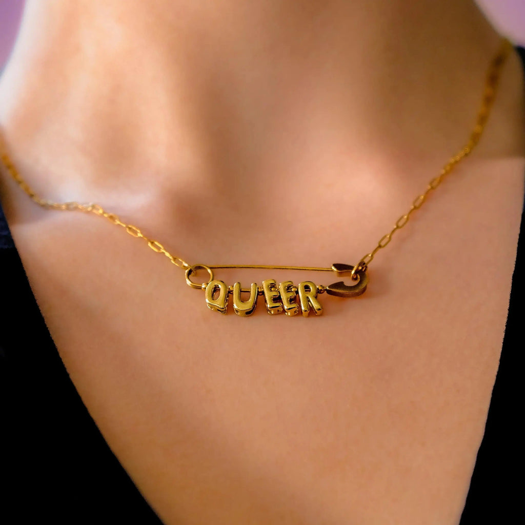 Queer safety pin necklace, gold plated stainless steel Leftbians