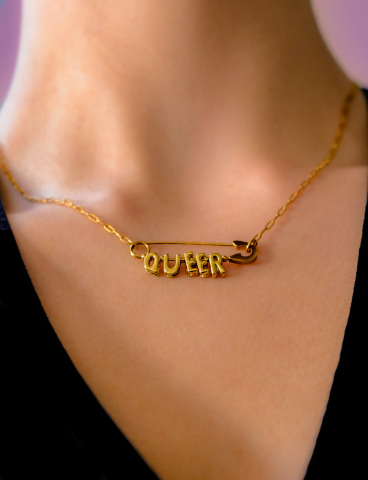 Queer safety pin necklace, gold plated stainless steel