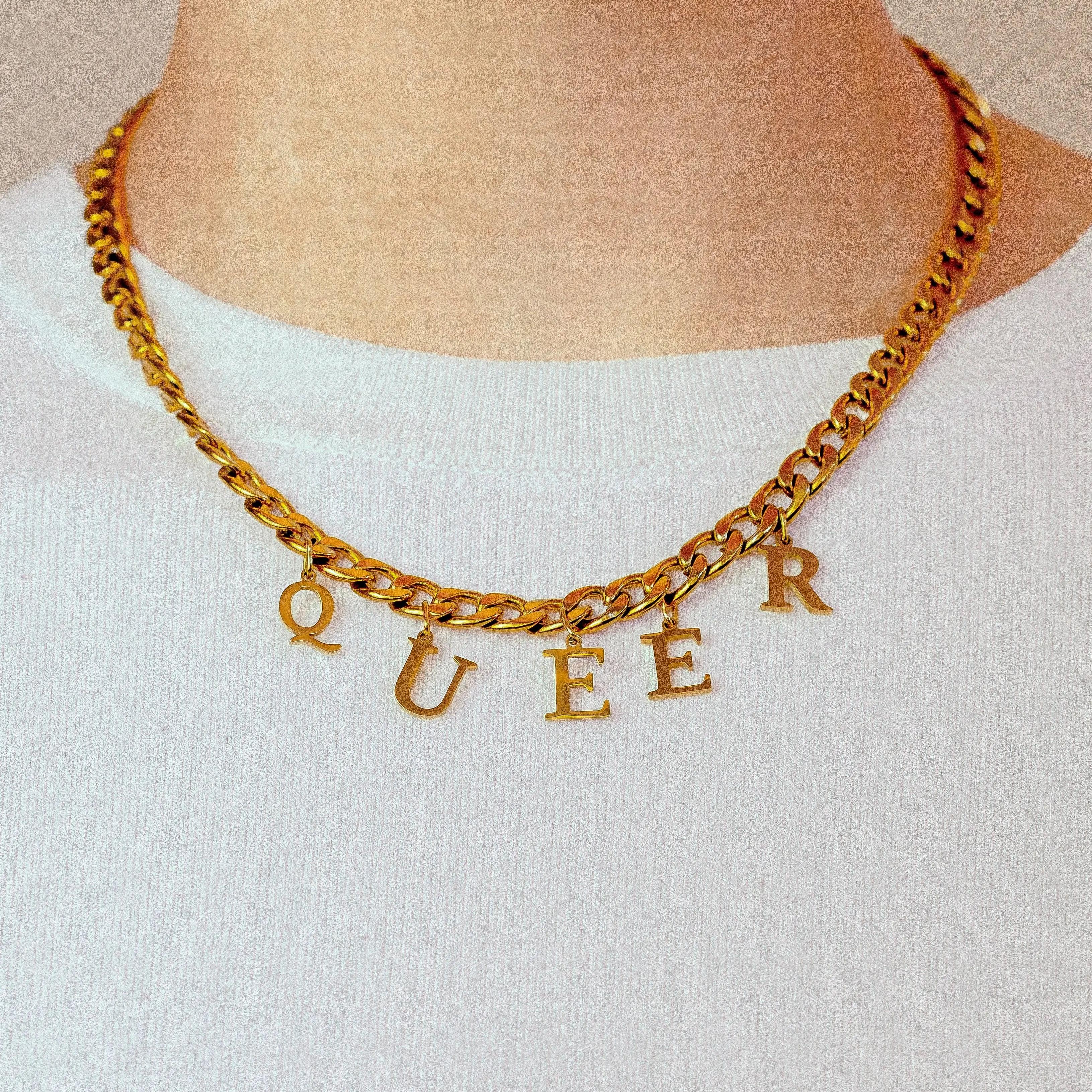 Gold QUEER letter charm chain in 304 stainless steel Leftbians