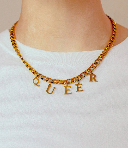Gold QUEER letter charm chain in 304 stainless steel Leftbians