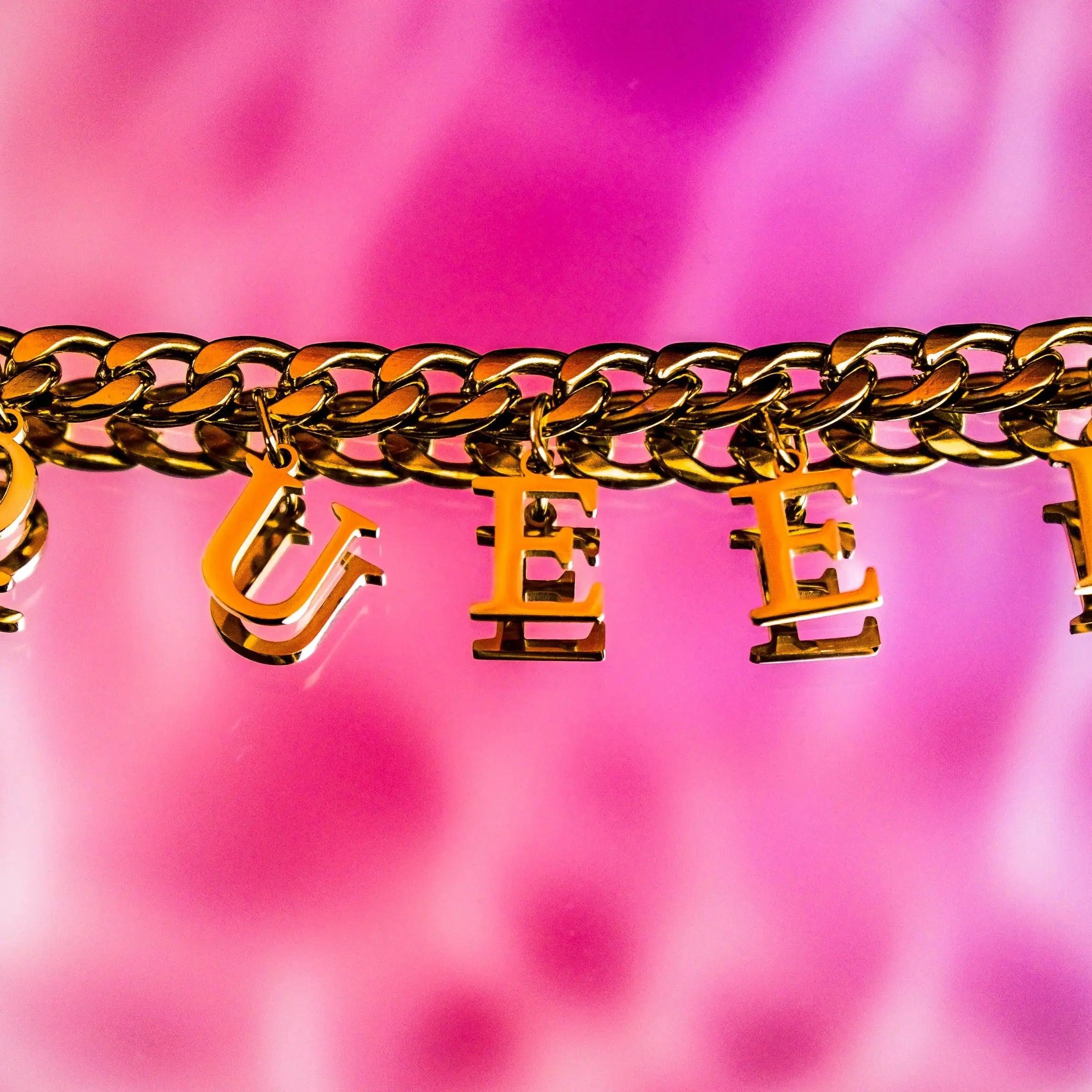 Gold QUEER letter charm chain in 304 stainless steel Leftbians