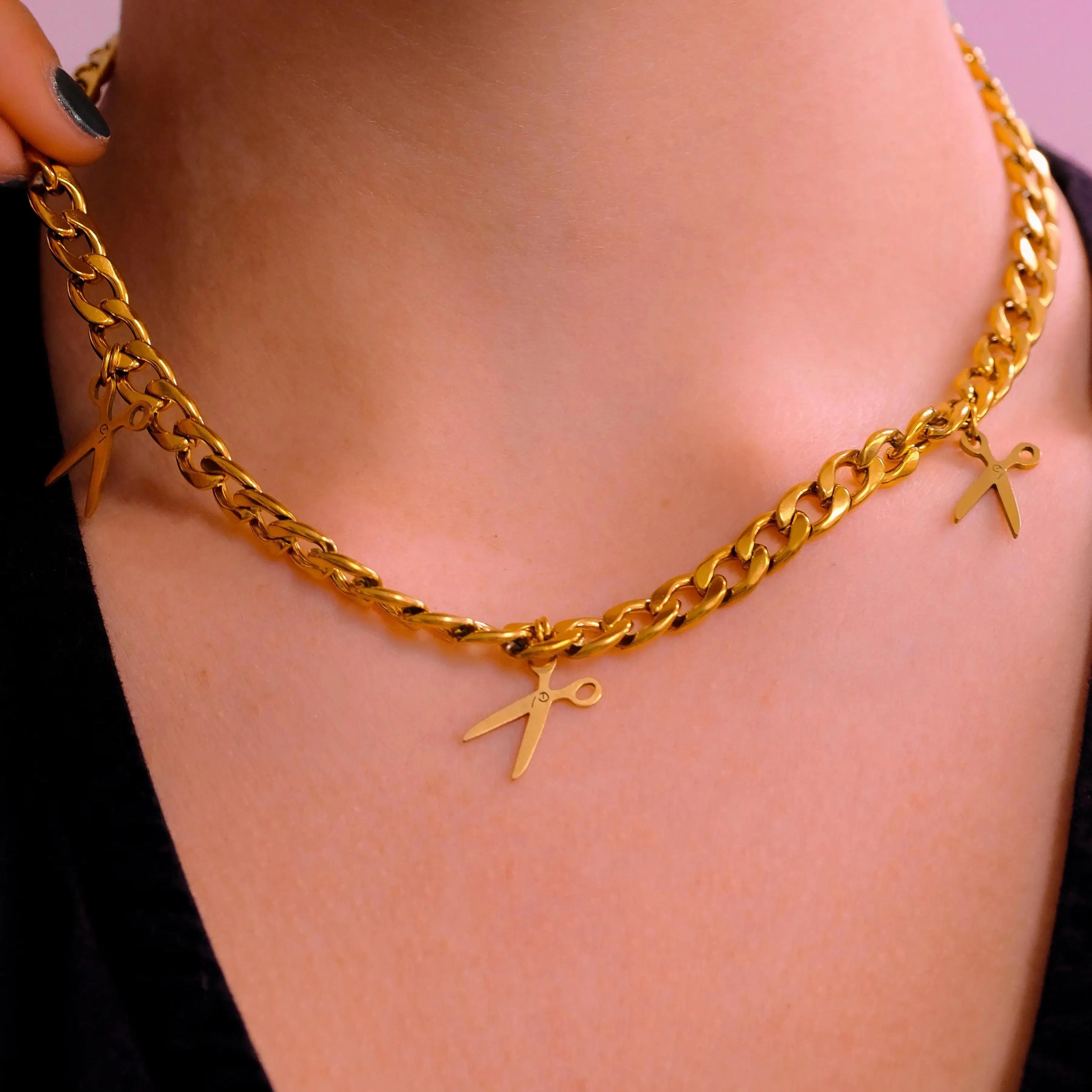 Gold multi scissor charm chain in stainless steel Leftbians