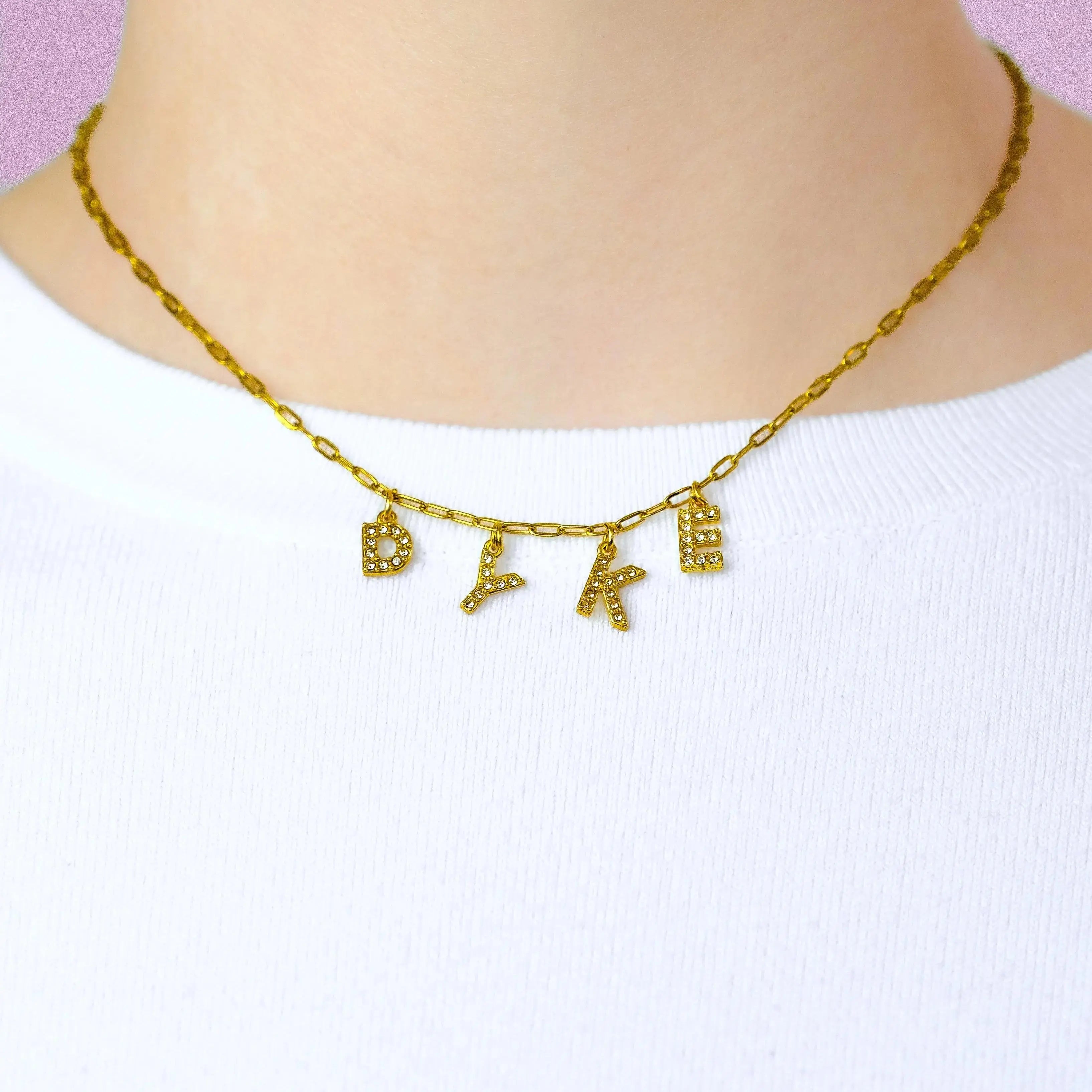Gold Dyke sparkly word necklace in 304 stainless steel Leftbians