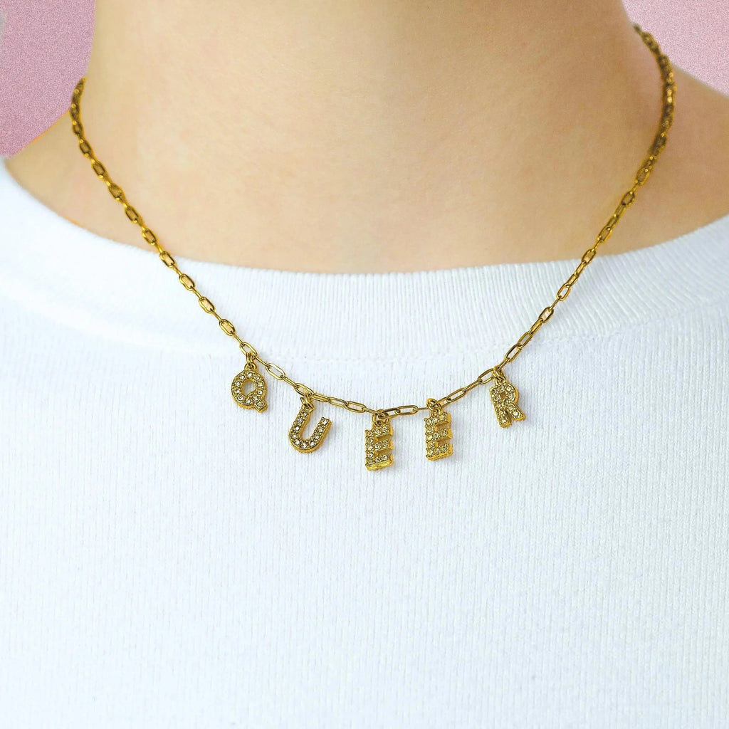 Gold Queer sparkly word necklace in 304 stainless steel Leftbians