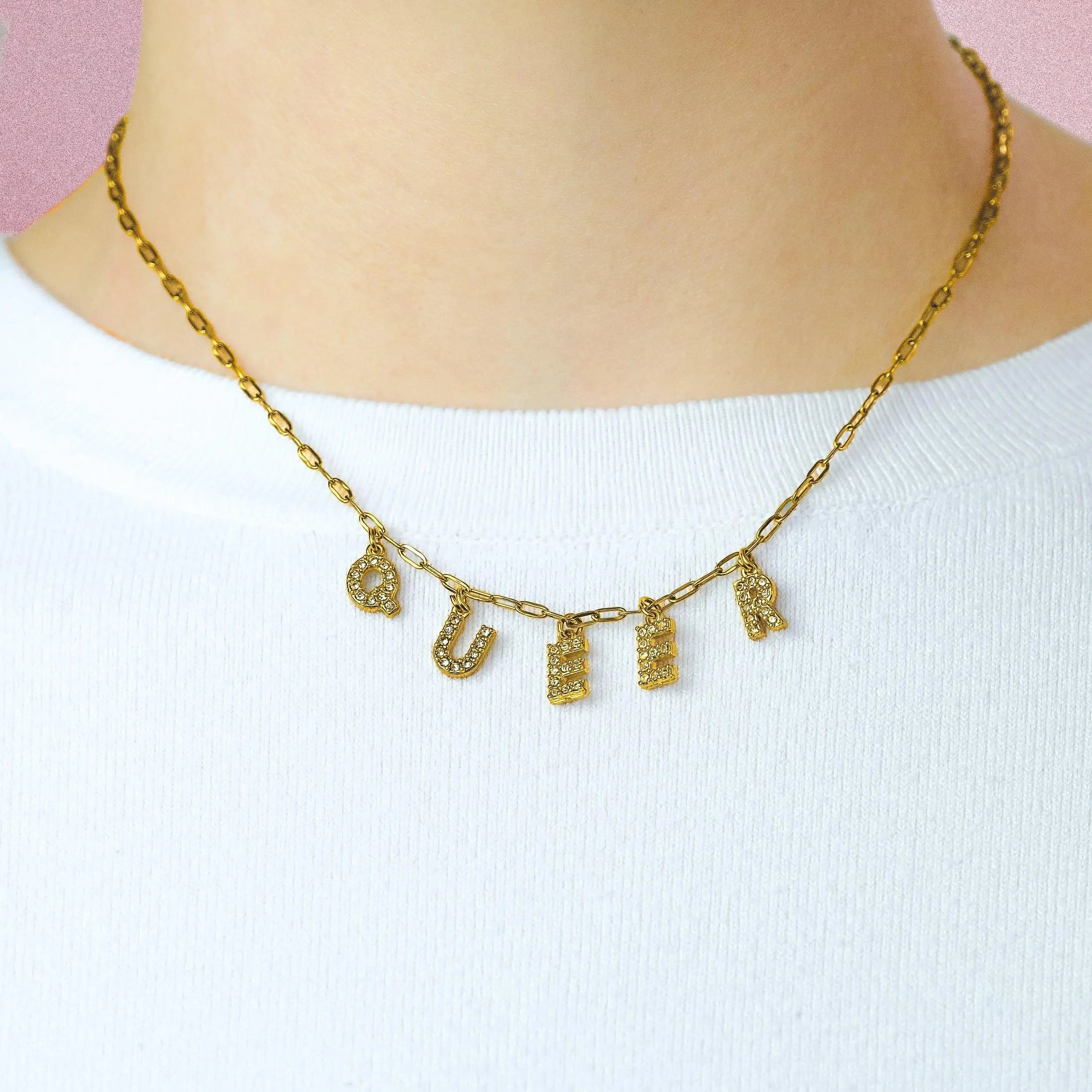 Gold Queer sparkly word necklace in 304 stainless steel Leftbians