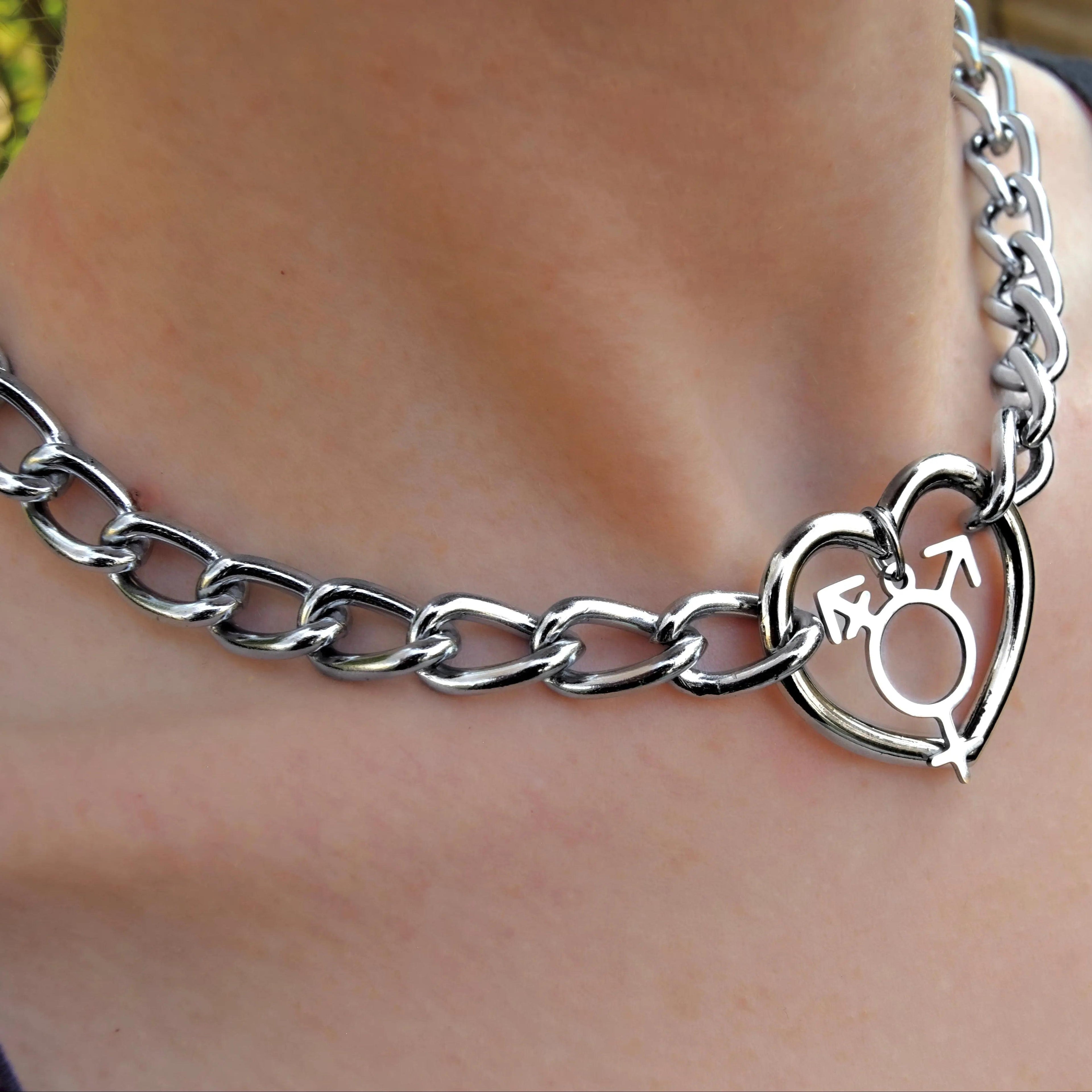 Heart O ring chain with transgender symbol on a chunky chain choker necklace Leftbians
