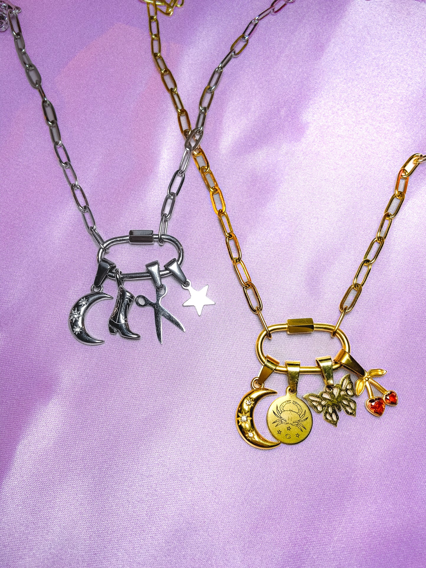 Silver carabiner charm necklace in 304 stainless steel