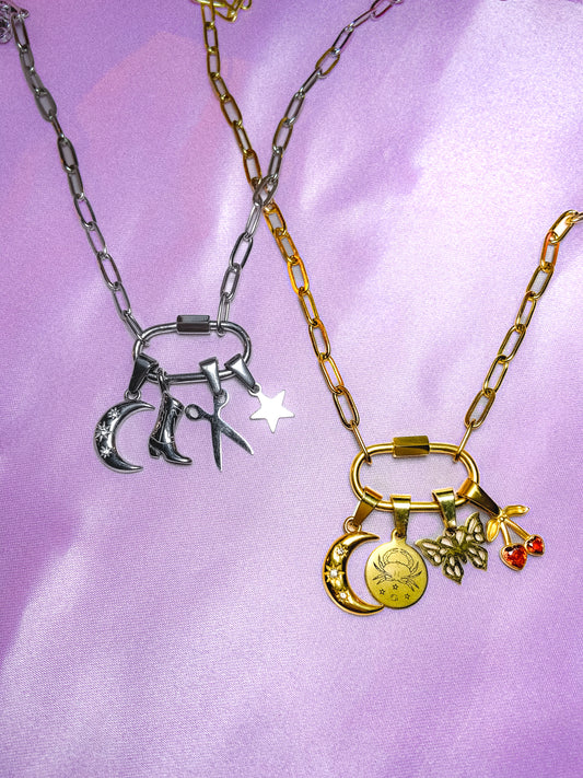 Silver carabiner charm necklace in 304 stainless steel