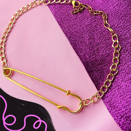 Golden kilt pin necklace, alternative safety pin punk necklace