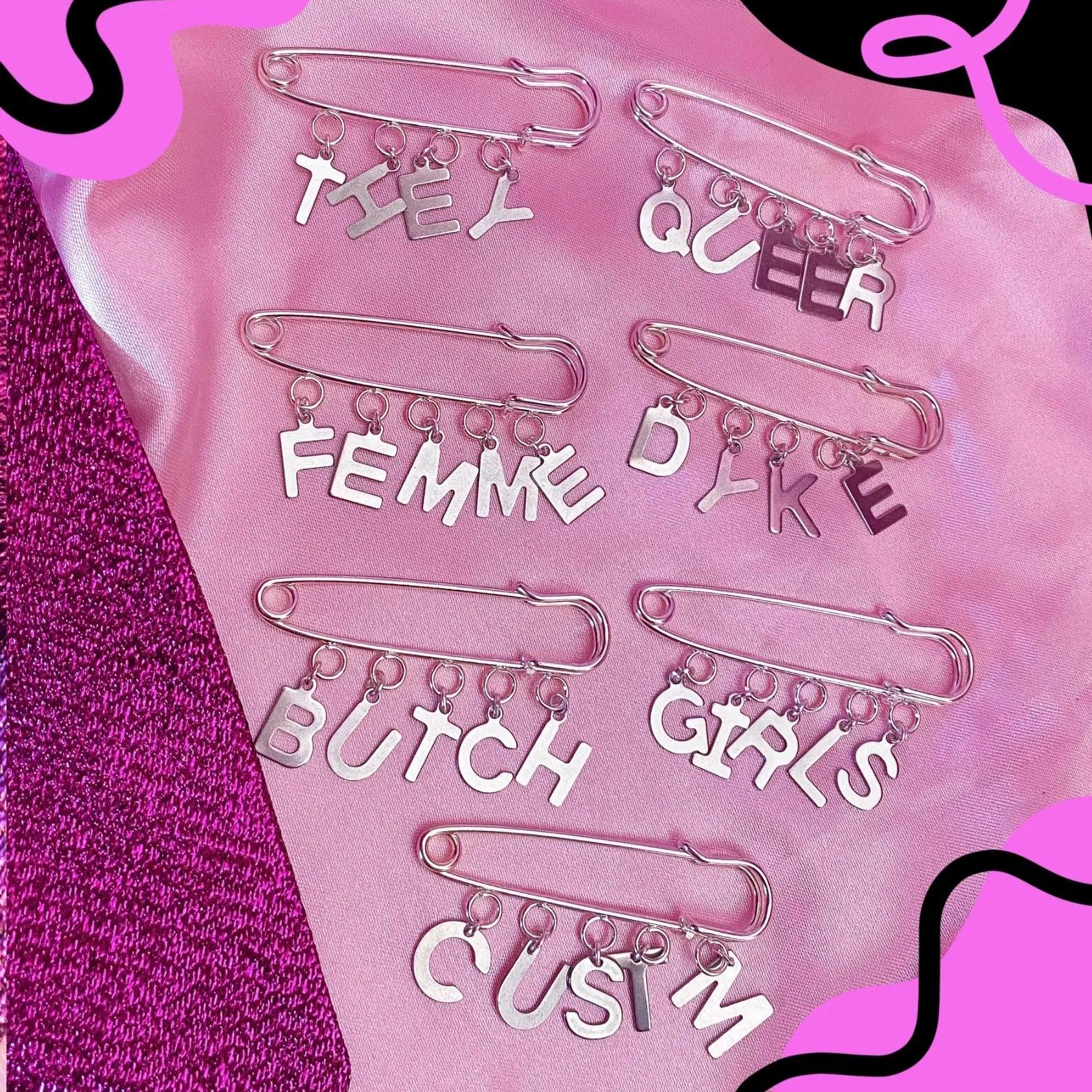 Safety pin custom word letter charm brooch Leftbians
